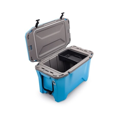 Camco Currituck Cyan Blue and Gray 30 Quart Cooler - Rugged Exterior Made for Camping, Hunting, Fishing and Tailgating - Comes with Cooler Basket (51712)